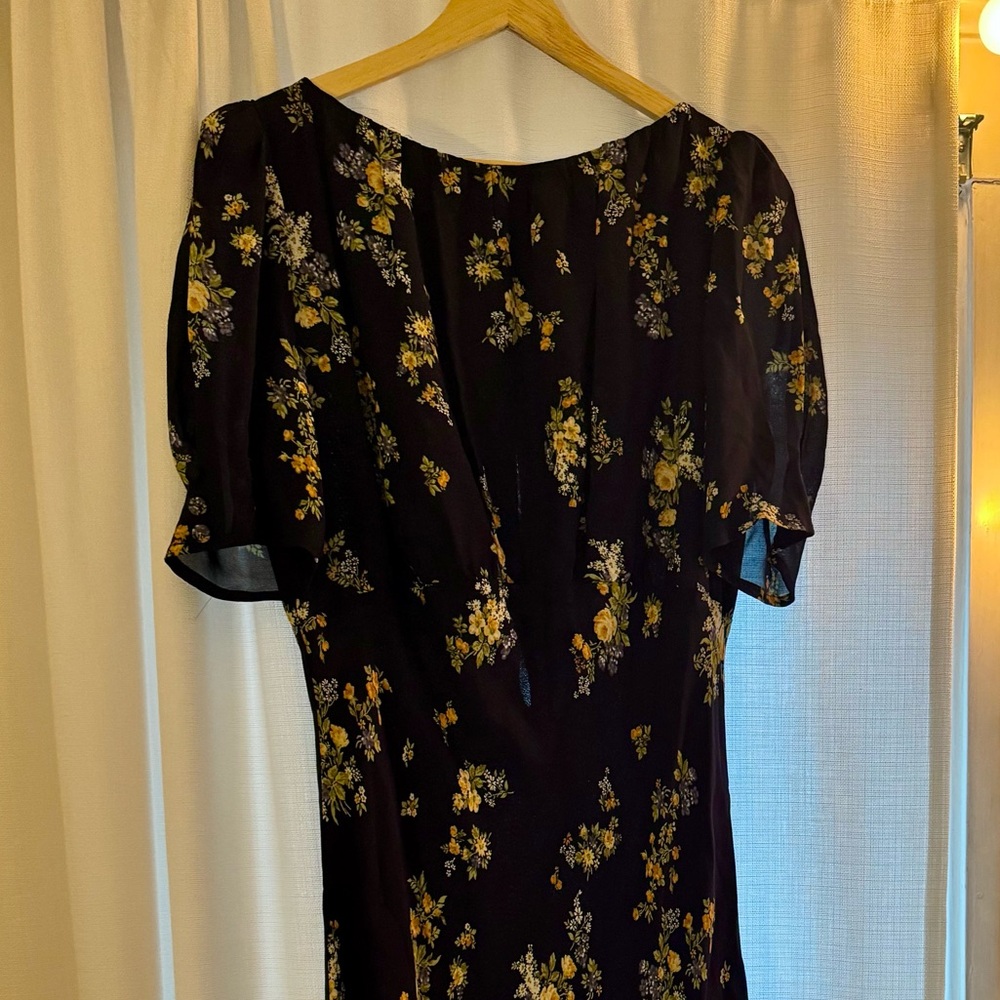 Reformation Navy and Yellow Sheath Dress with Puff Sleeves